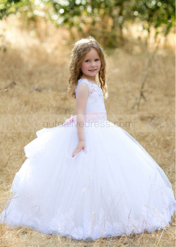 Beaded White Lace Tulle Corset Back Flower Girl Dress